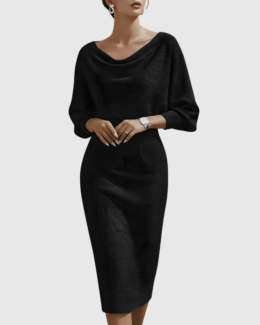 Audrina Velmonte | Black Ribbed Cowl Neck Batwing Midi Dress