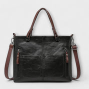 Genevieve Stourcourt | Brown Faux Leather Tote Bag with Front Pockets