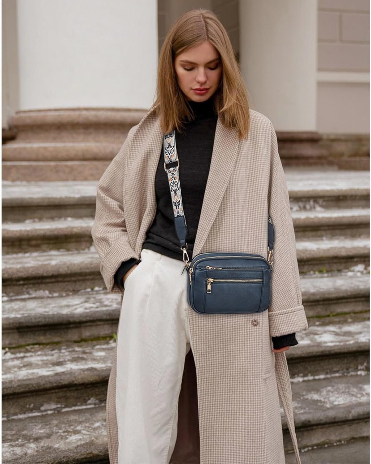 Henriette Beausoleil | White Leather Crossbody Bag with Floral Strap