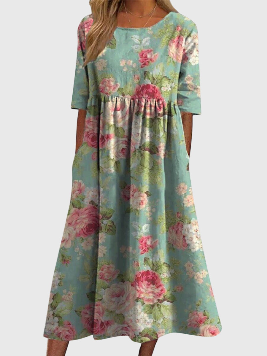 Rowena Beauclaire | Blue Floral Midi Dress with Half Sleeves