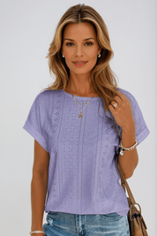 Camille Rosemont | White Eyelet Embroidered Crew Neck Short Sleeve Top