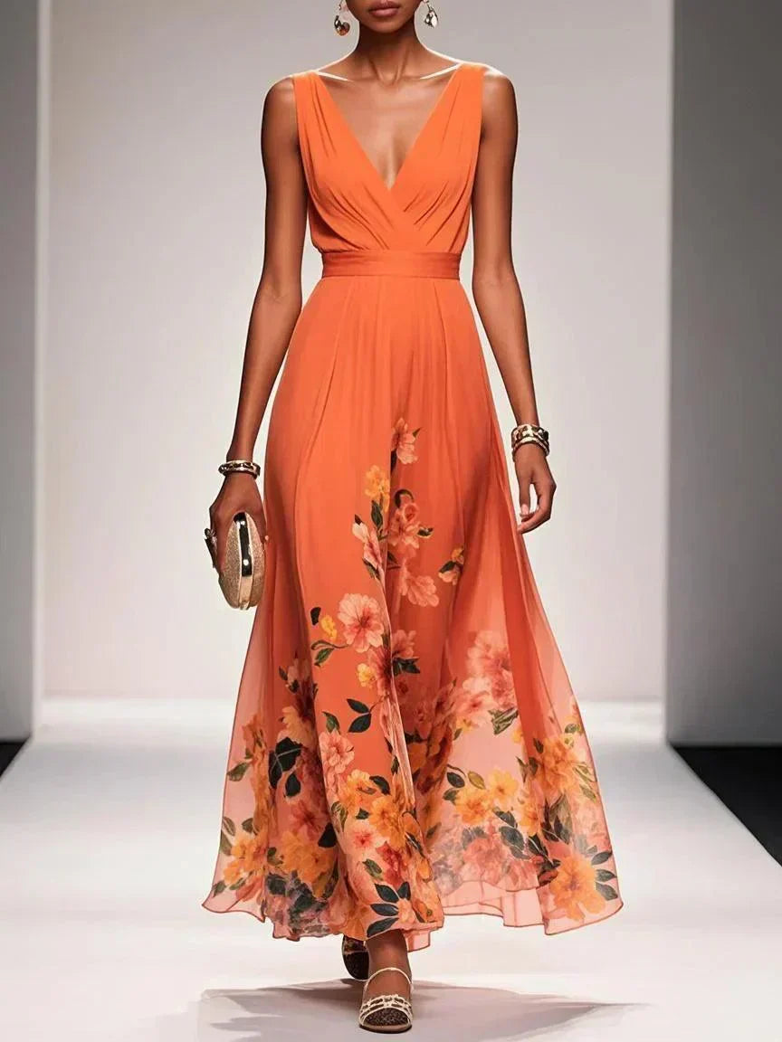Celestine Dawnmore | Light Blue Floral Maxi V-Neck Dress