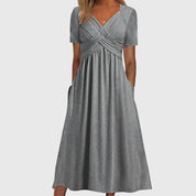 Maricel Ashbourne | Blue V-Neck Midi Dress with Tummy Control