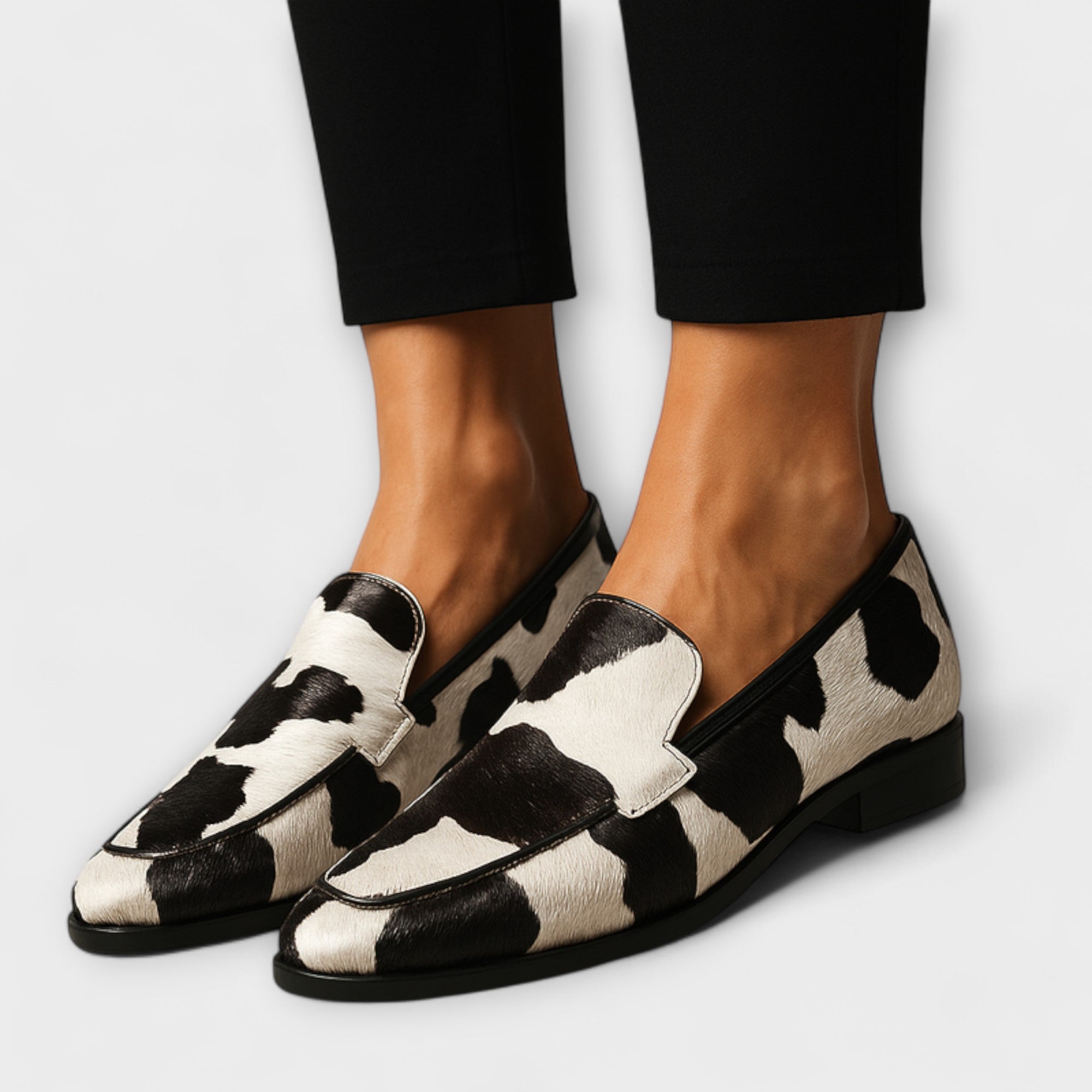 Margolaine Whitvere | Cow Print Orthopedic Support Loafers