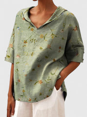 Arabelle Chantecour | Floral Print V-Neck Linen Top in Green
