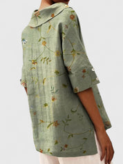 Arabelle Chantecour | Floral Print V-Neck Linen Top in Green
