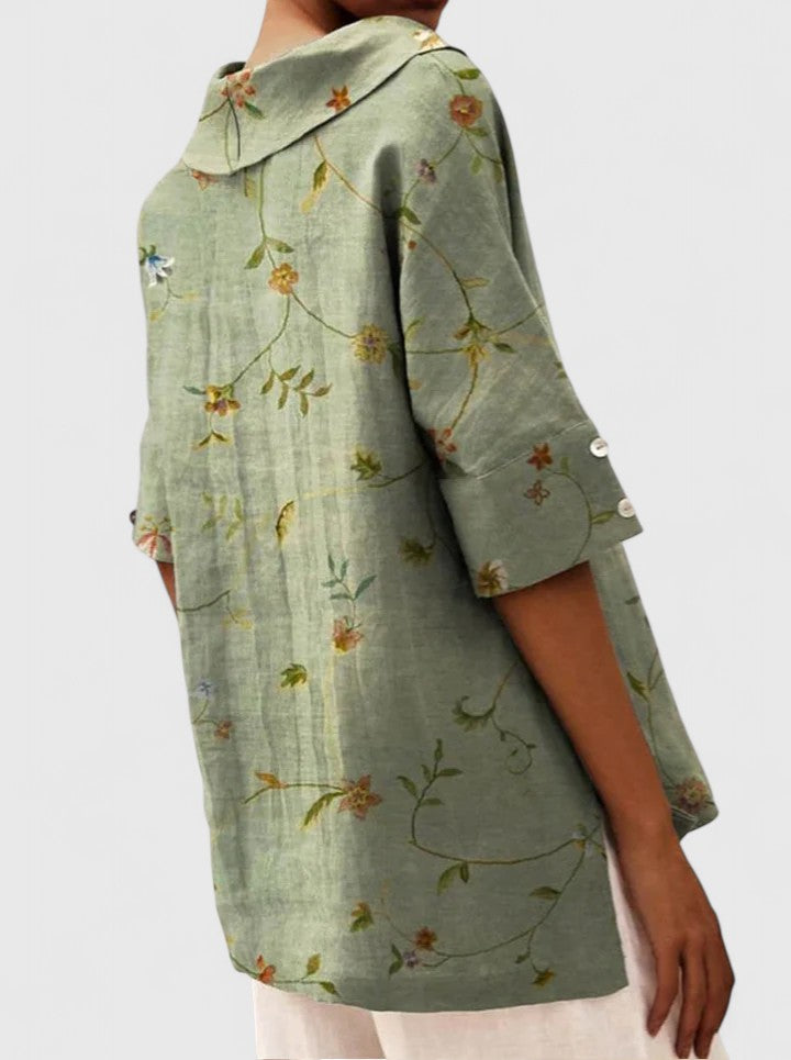 Arabelle Chantecour | Floral Print V-Neck Linen Top in Green