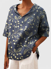 Arabelle Chantecour | Floral Print V-Neck Linen Top in Green