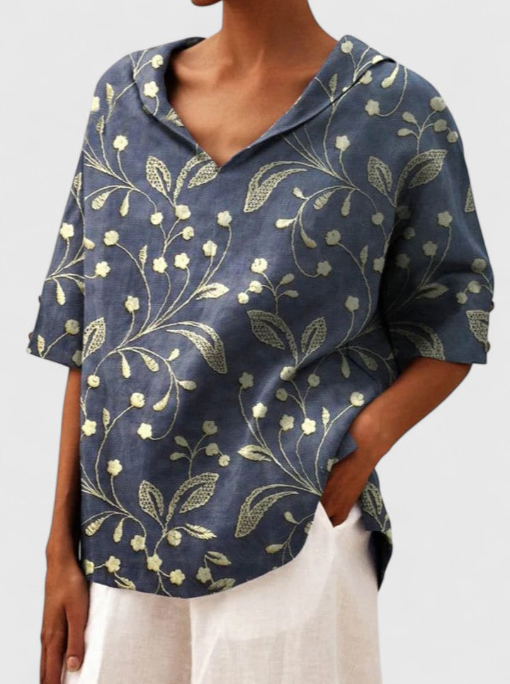 Arabelle Chantecour | Floral Print V-Neck Linen Top in Green
