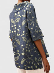 Arabelle Chantecour | Floral Print V-Neck Linen Top in Green