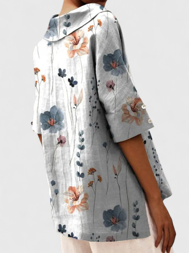 Arabelle Chantecour | Floral Print V-Neck Linen Top in Green