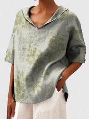 Arabelle Chantecour | Floral Print V-Neck Linen Top in Green