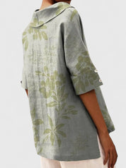 Arabelle Chantecour | Floral Print V-Neck Linen Top in Green