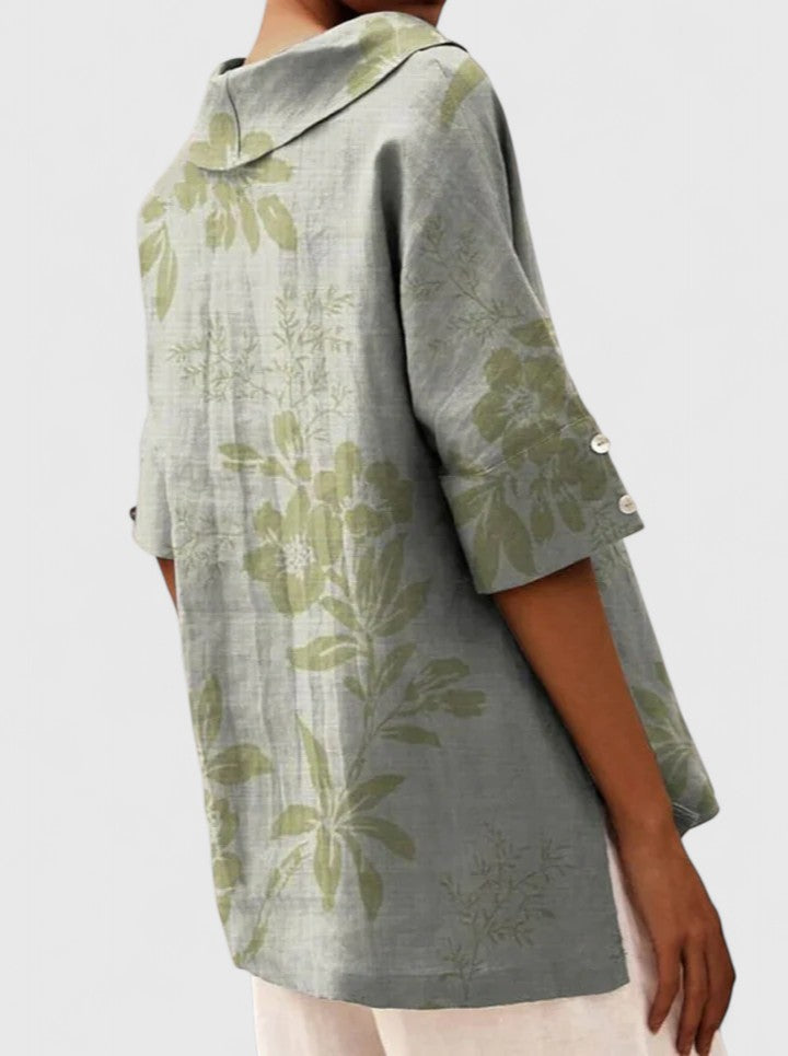 Arabelle Chantecour | Floral Print V-Neck Linen Top in Green