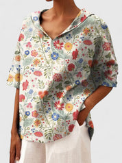 Arabelle Chantecour | Floral Print V-Neck Linen Top in Green
