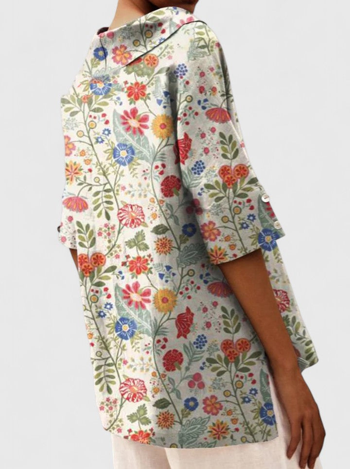 Arabelle Chantecour | Floral Print V-Neck Linen Top in Green