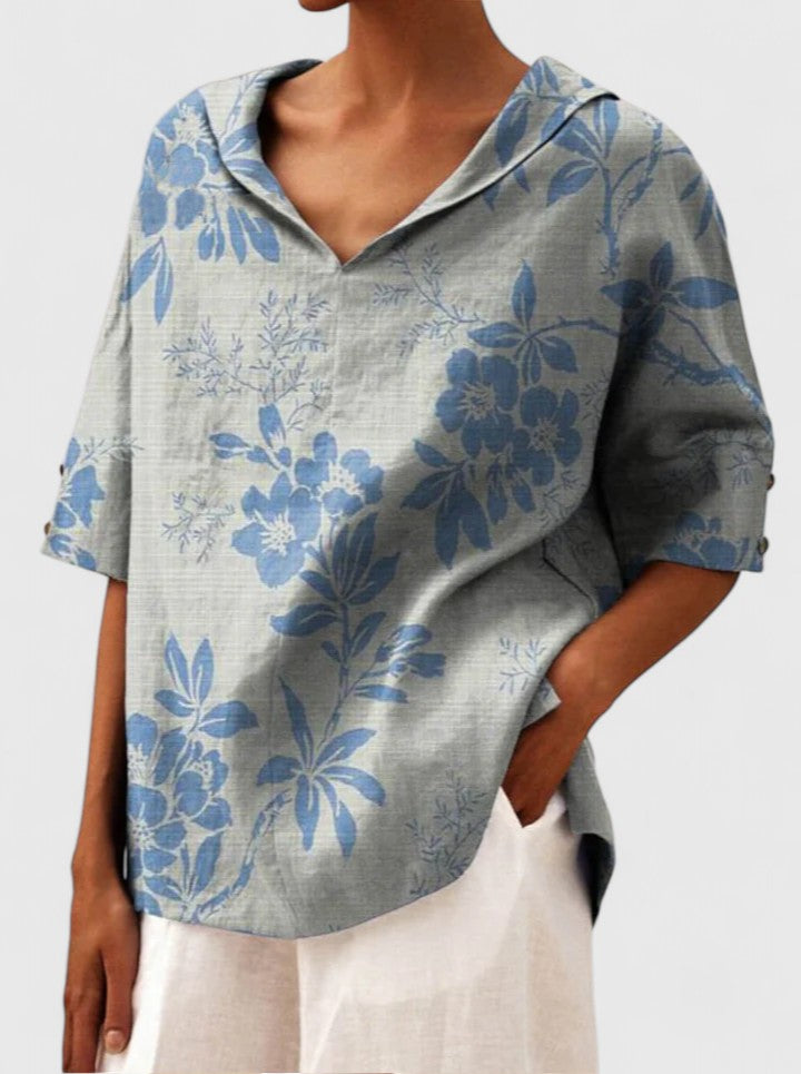 Arabelle Chantecour | Floral Print V-Neck Linen Top in Green