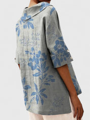 Arabelle Chantecour | Floral Print V-Neck Linen Top in Green