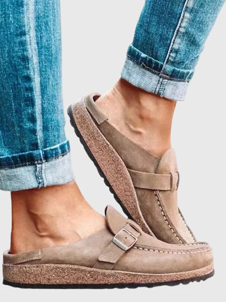 Elodie Carmichael | Suede Buckle Comfort Clogs in Sage Green