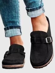 Elodie Carmichael | Suede Buckle Comfort Clogs in Sage Green