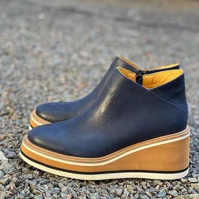 Elara Pembrooke | Tan Platform Wedge Ankle Boots with Side Zipper