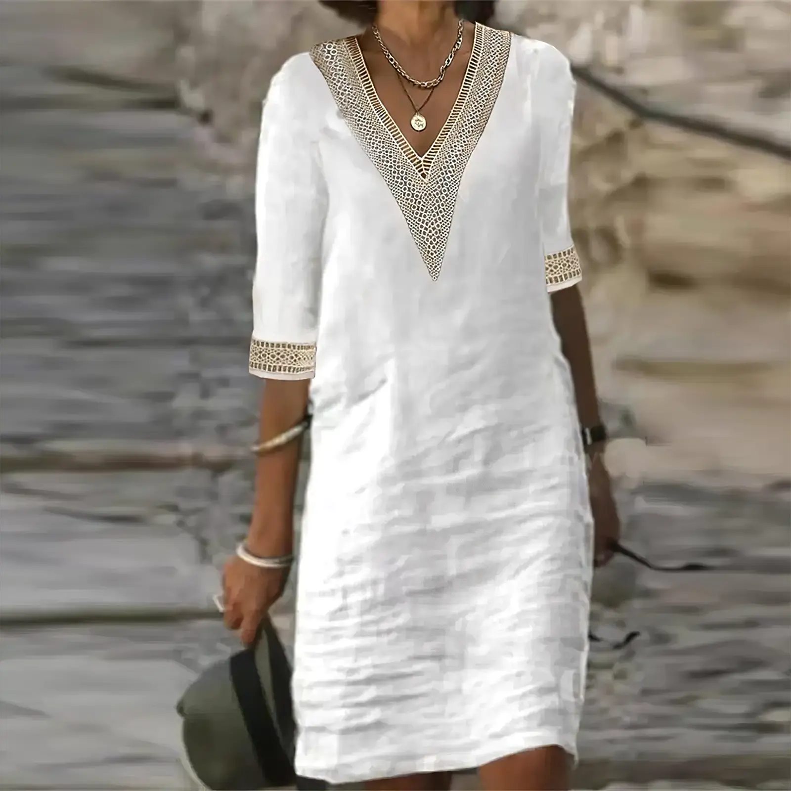 Lorraine Vesprey | White Lace-Trim V-Neck Cotton Linen Midi Dress