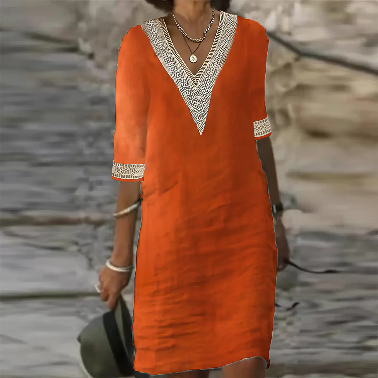 Lorraine Vesprey | White Lace-Trim V-Neck Cotton Linen Midi Dress