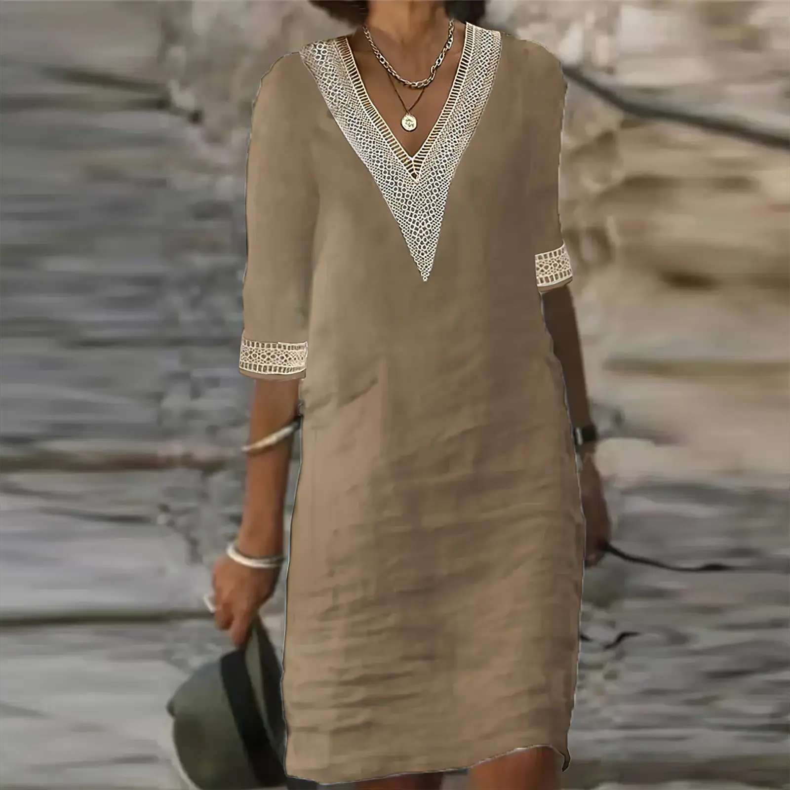 Lorraine Vesprey | White Lace-Trim V-Neck Cotton Linen Midi Dress