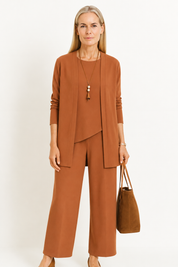 Elspeth Vaurien | Women's 3-Piece Cardigan Tank & Wide-Leg Pants Set in Slate Grey