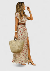 Isabelle Laurent | Navy Blue Boho Print Maxi Dress with Cap Sleeves