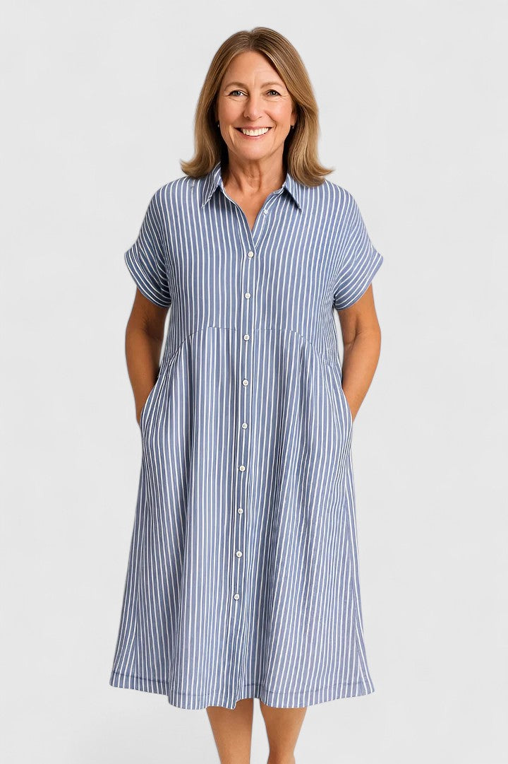 Marisol Cleverton | Blue Striped Linen Midi Shirt Dress