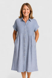 Marisol Cleverton | Blue Striped Linen Midi Shirt Dress
