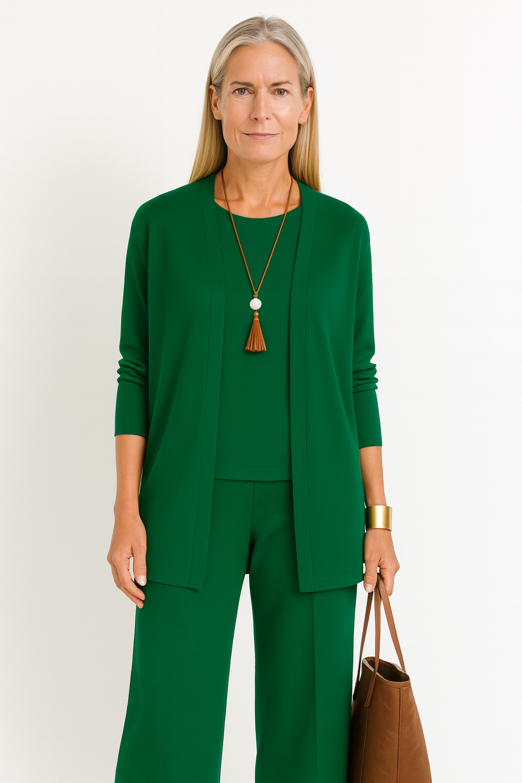 Elspeth Vaurien | Women's 3-Piece Cardigan Tank & Wide-Leg Pants Set in Slate Grey