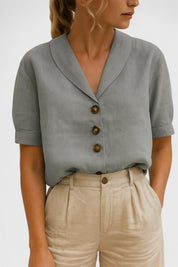 Célindre Beaumont | Linen V-Neck Button Blouse in Beige