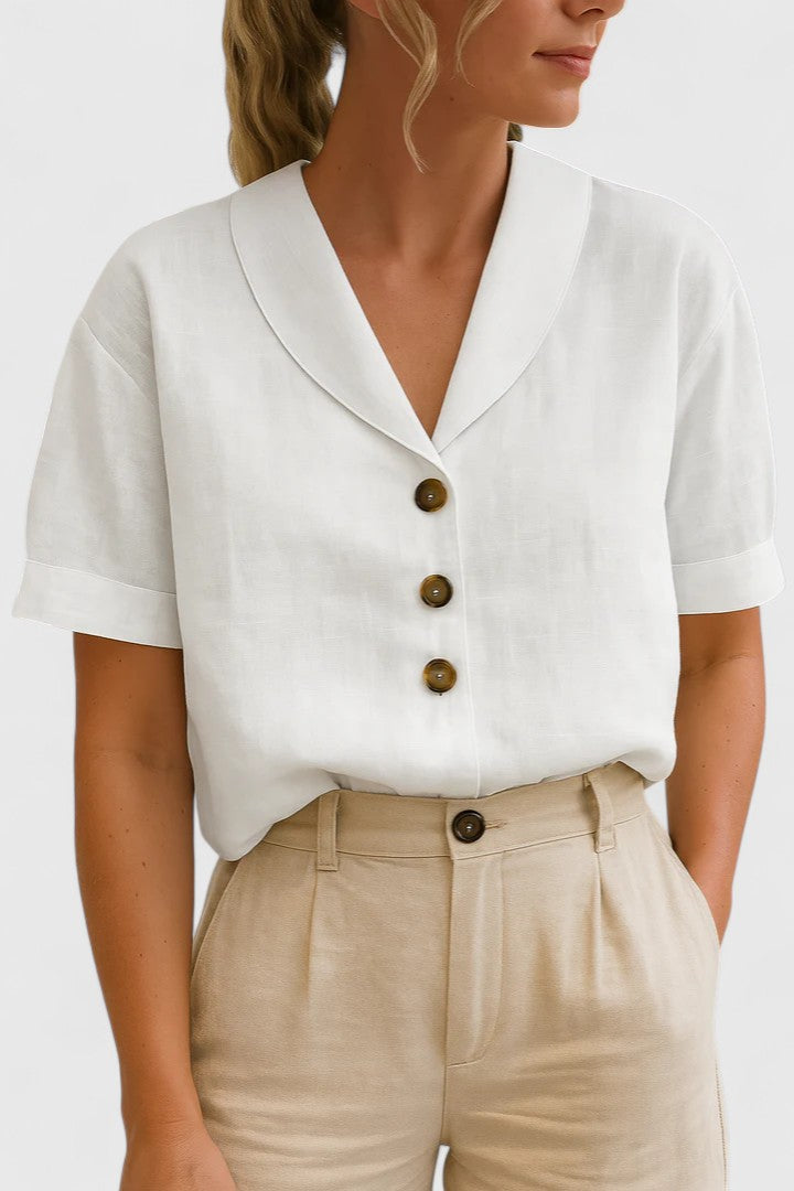 Célindre Beaumont | Linen V-Neck Button Blouse in Beige