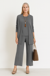 Elspeth Vaurien | Women's 3-Piece Cardigan Tank & Wide-Leg Pants Set in Slate Grey