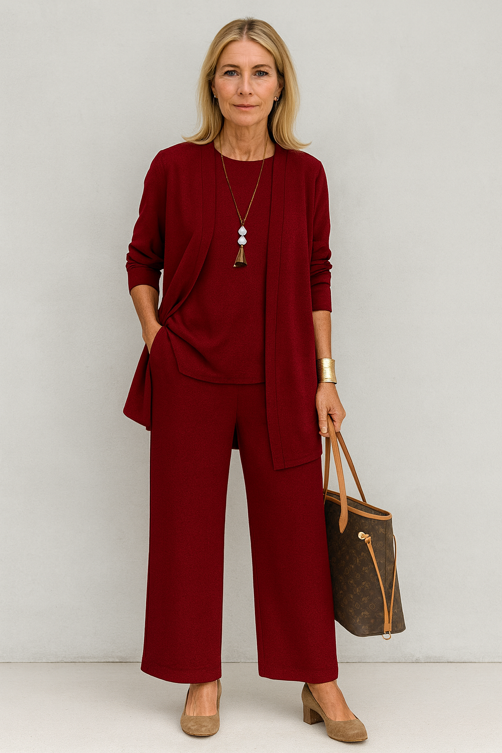 Elspeth Vaurien | Women's 3-Piece Cardigan Tank & Wide-Leg Pants Set in Slate Grey