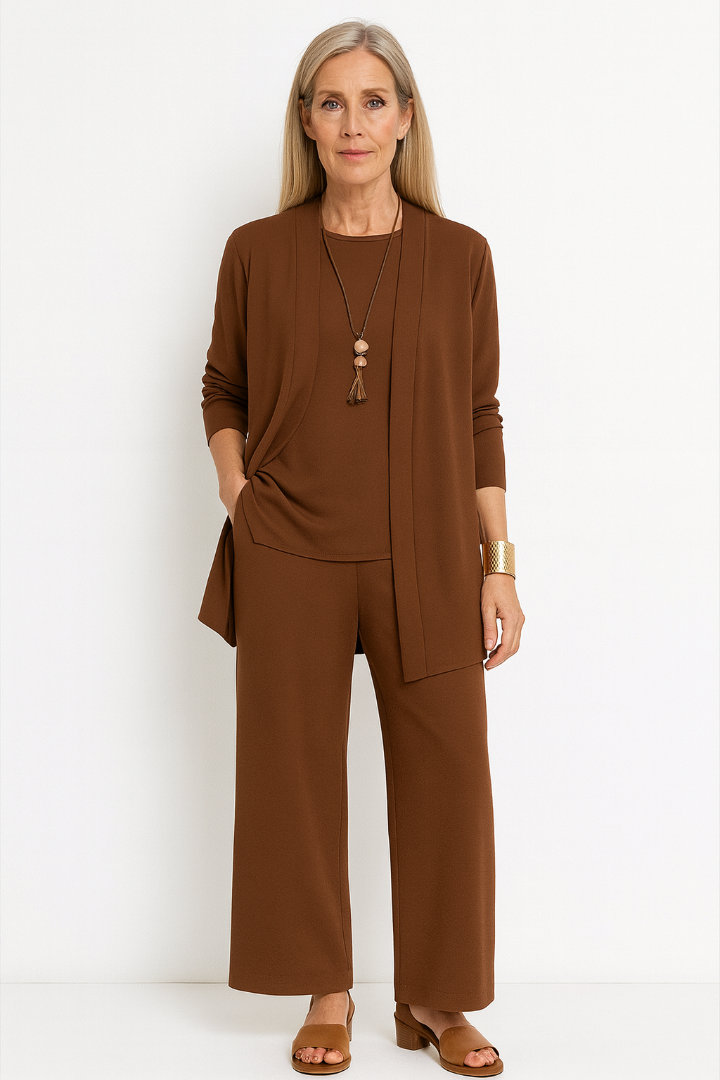 Elspeth Vaurien | Women's 3-Piece Cardigan Tank & Wide-Leg Pants Set in Slate Grey