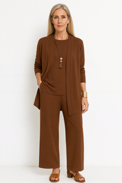 Elspeth Vaurien | Women's 3-Piece Cardigan Tank & Wide-Leg Pants Set in Slate Grey