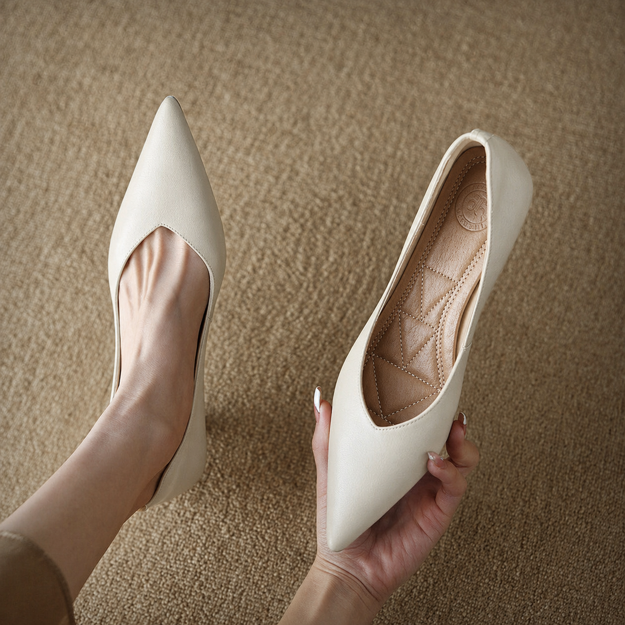 Camille Vossrenne | Nude Pointed Toe Kitten Heel Pumps