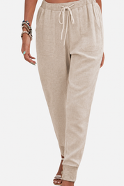 Seraphina Wentford | Beige Linen Drawstring Jogger Pants with Elastic Ankle Cuffs