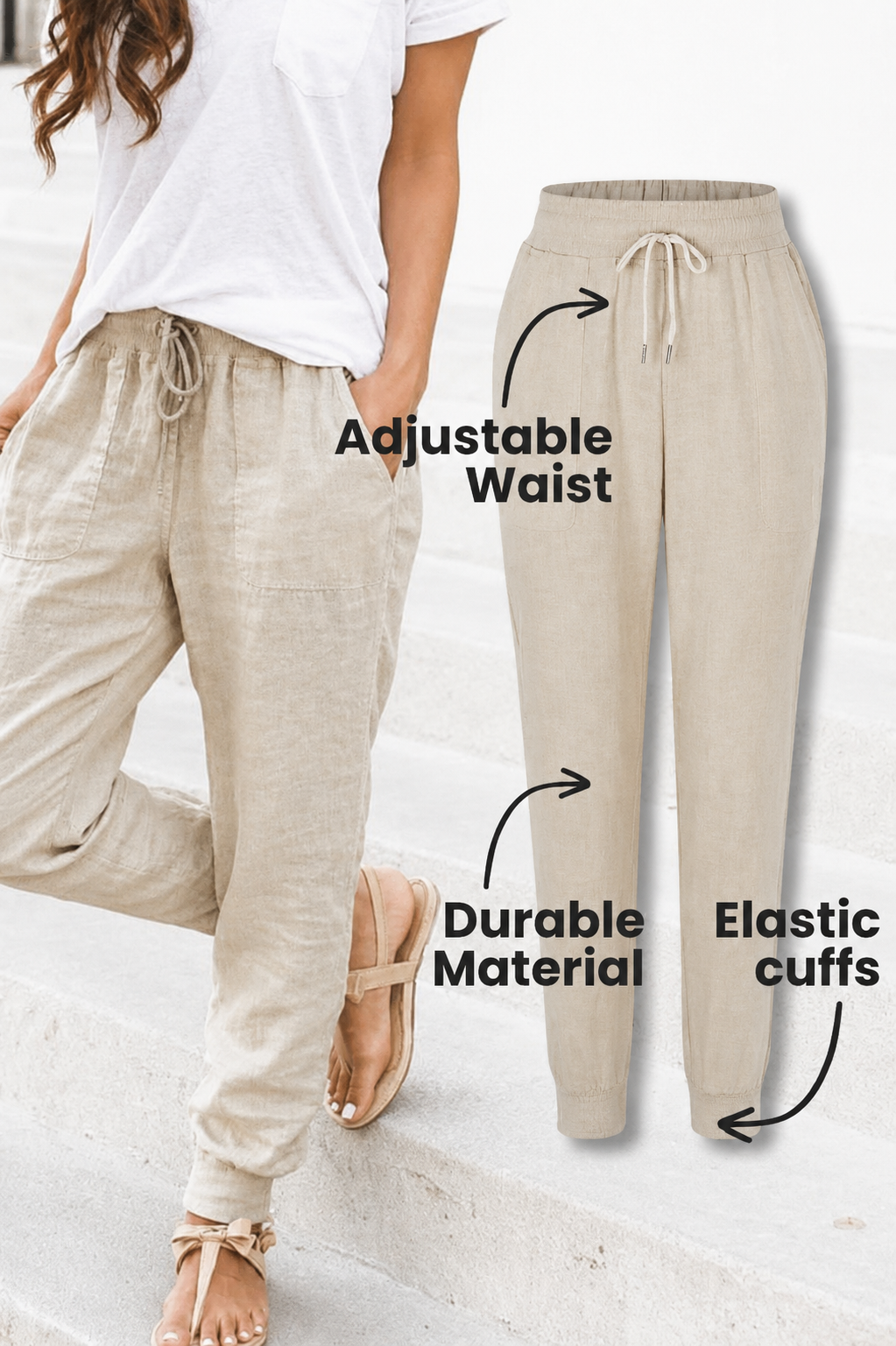 Seraphina Wentford | Beige Linen Drawstring Jogger Pants with Elastic Ankle Cuffs