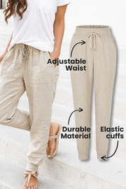 Seraphina Wentford | Beige Linen Drawstring Jogger Pants with Elastic Ankle Cuffs
