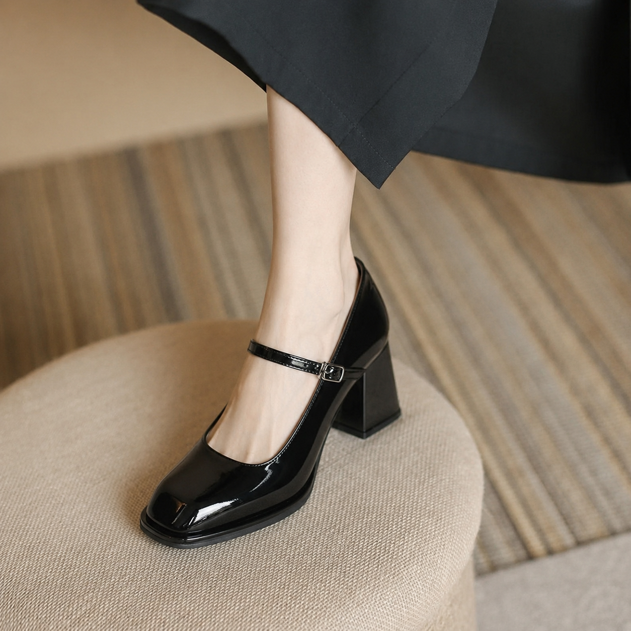 Genevra Lacroix | Black Patent Mary Jane Block Heel Pumps