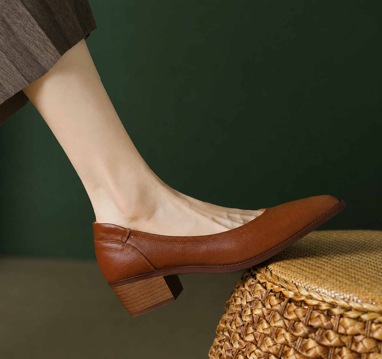 Marianne Delcourt | Beige Pointed Toe Block Heel Slip-On Pumps