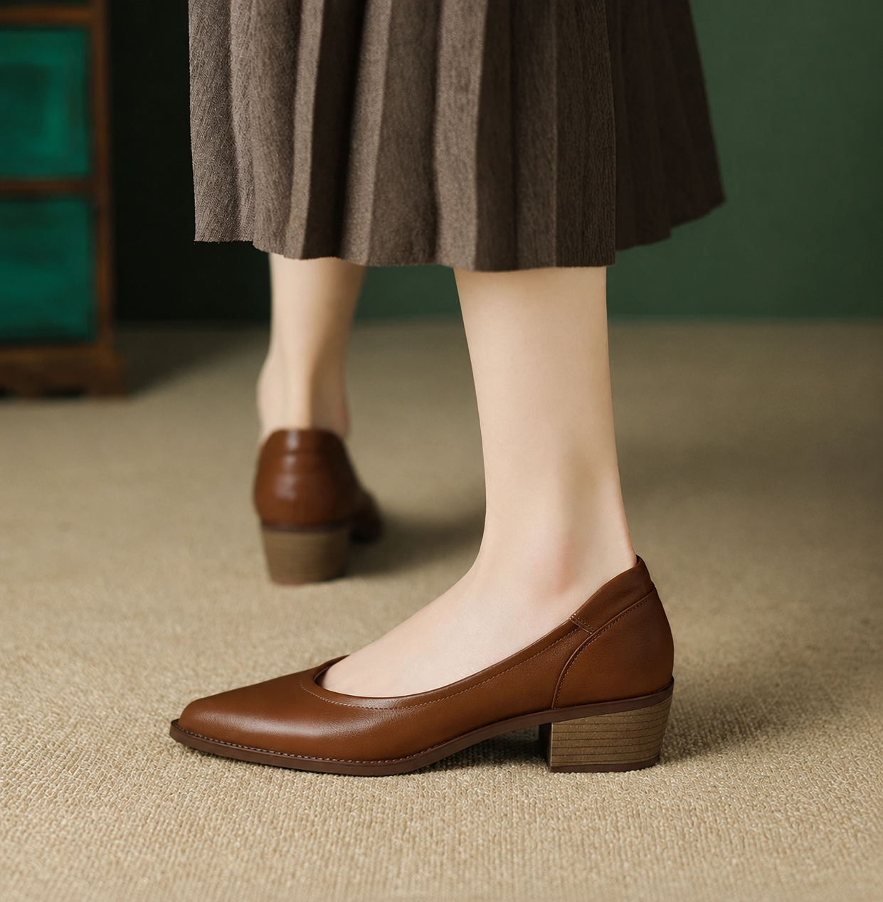 Marianne Delcourt | Beige Pointed Toe Block Heel Slip-On Pumps