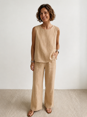 Célestine Hargrove | Olive Green Linen-Look Sleeveless Tank & Wide-Leg Pants Set