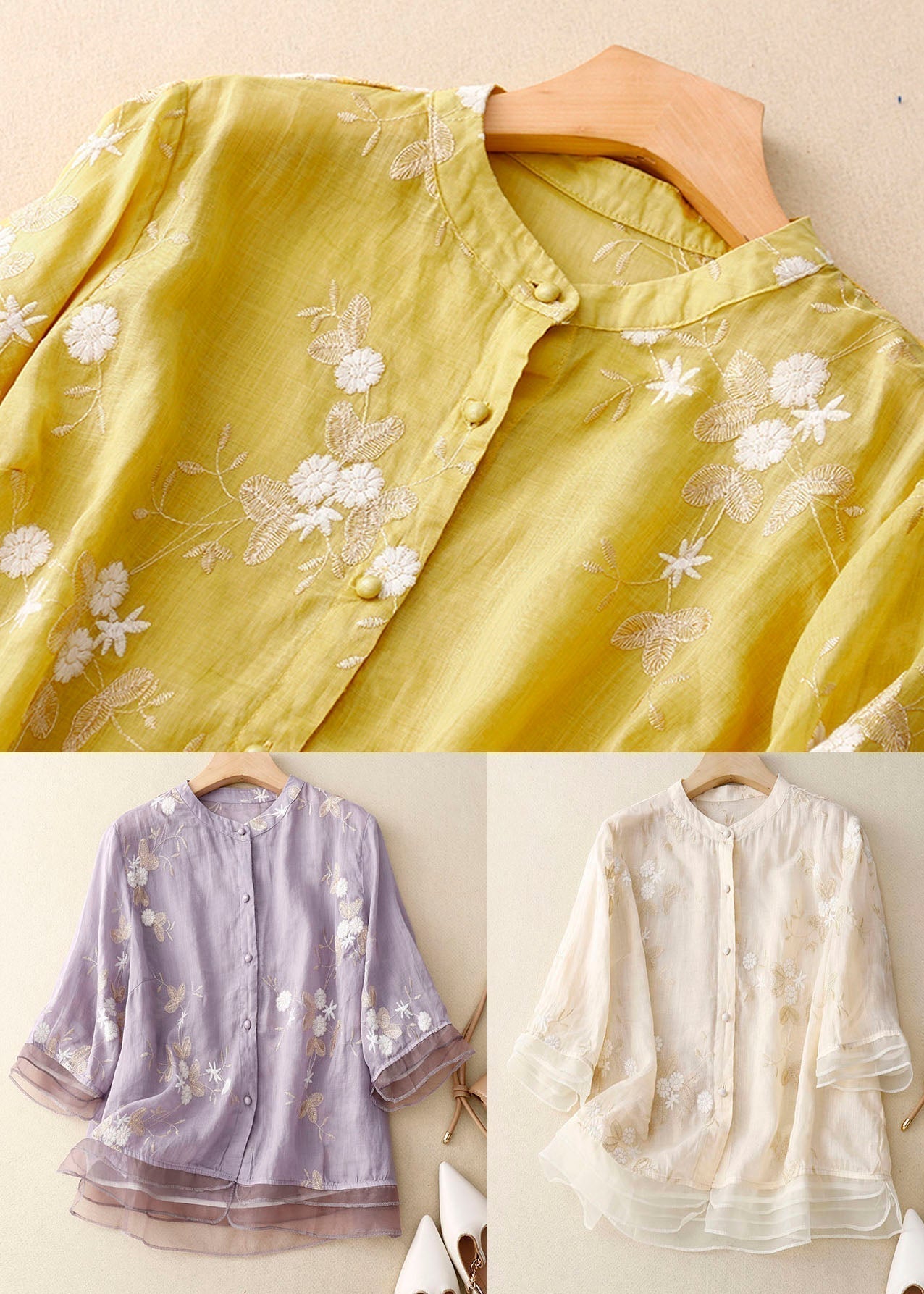 Florentine Wycliffe | Sage Green Floral Embroidered Blouse with 3/4 Sleeves