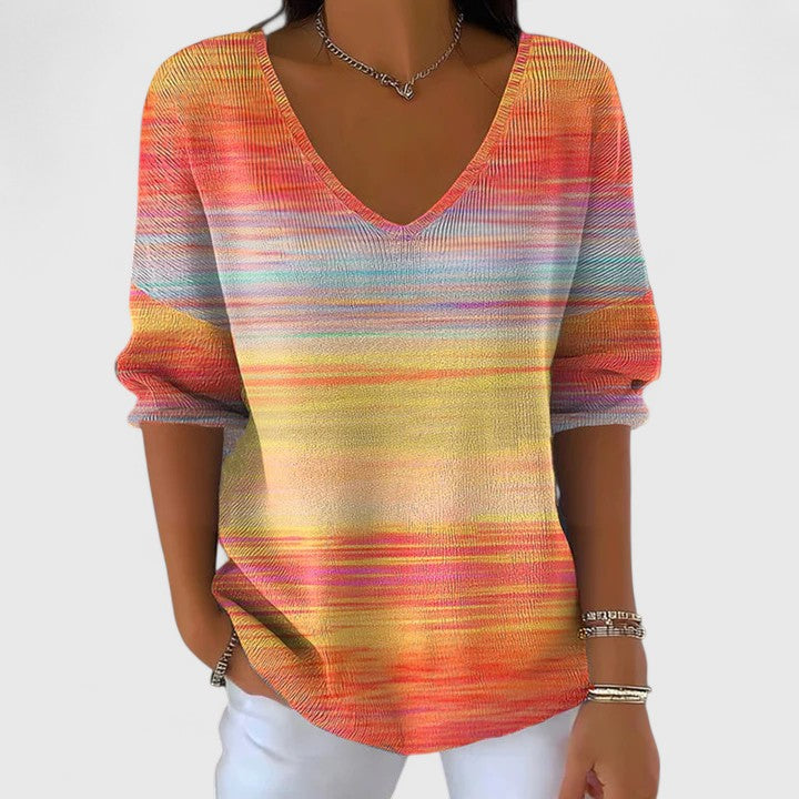 Lucienne Beauvale | Rainbow Striped V-Neck Long Sleeve Top