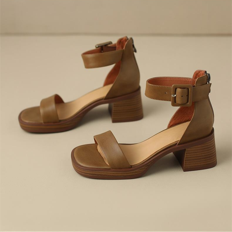 Emmeline Stanhope | Cream Block Heel Ankle Strap Sandals